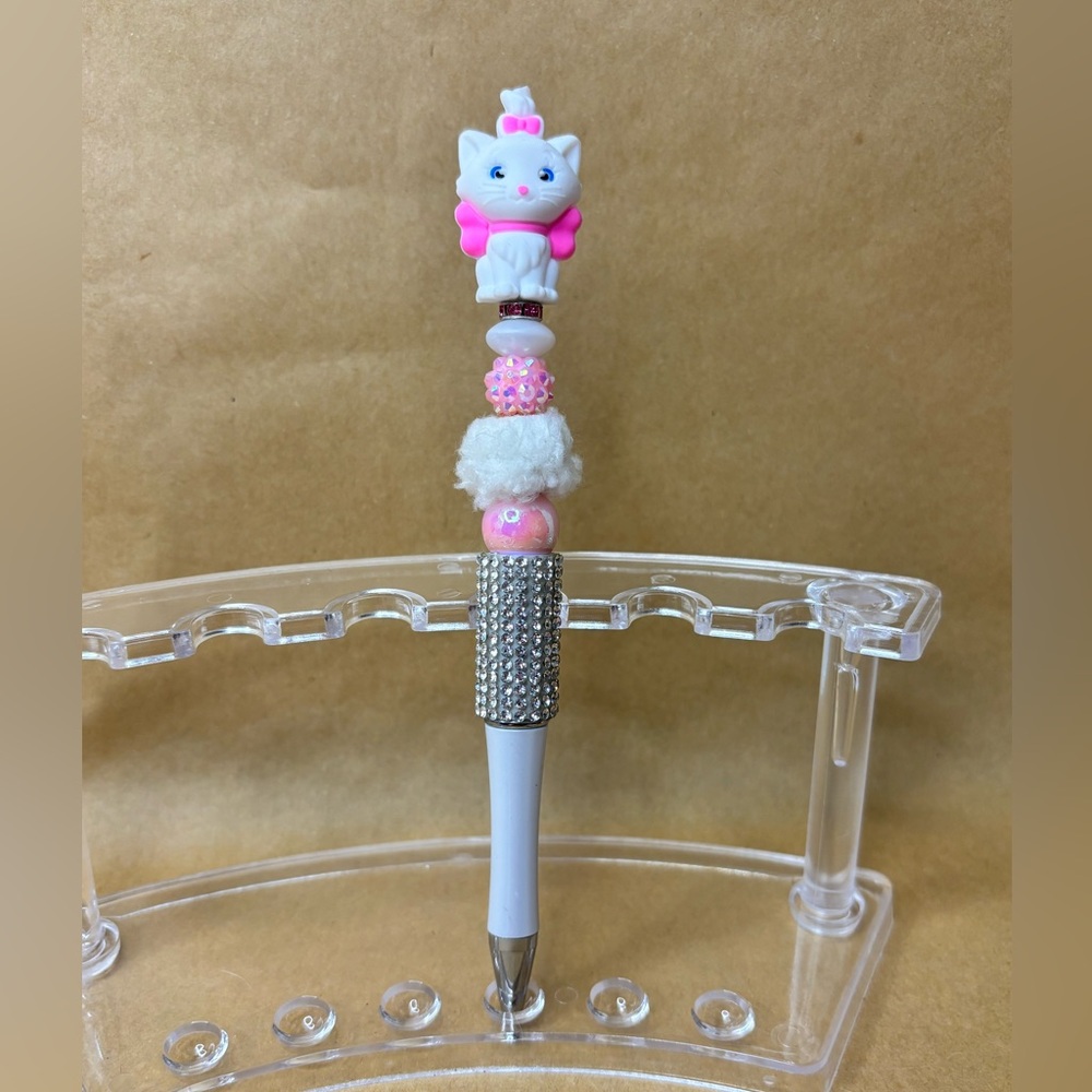 Cute Cat Beaded Pen - Pink and White